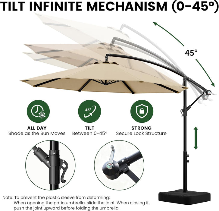 10FT Cantilever Offset Patio Umbrella with Base Included, Outdoor Patio Umbrella, Fade-Resistant Yarn-Dyed Canopy with PU Coating, 360° Rotation & Infinite Tilt, Heavy Duty 8-Rib Steel Frame for Patio, Pool, Deck, Backyard, Beige