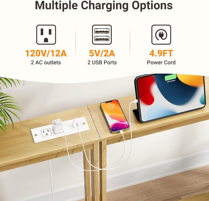2 Pack 5.9" Narrow Console Sofa Table with Power Outlets, 5.9" Dx39.4 Wx31.1 H Bamboo behind Couch Table with Charge Station, Natrual