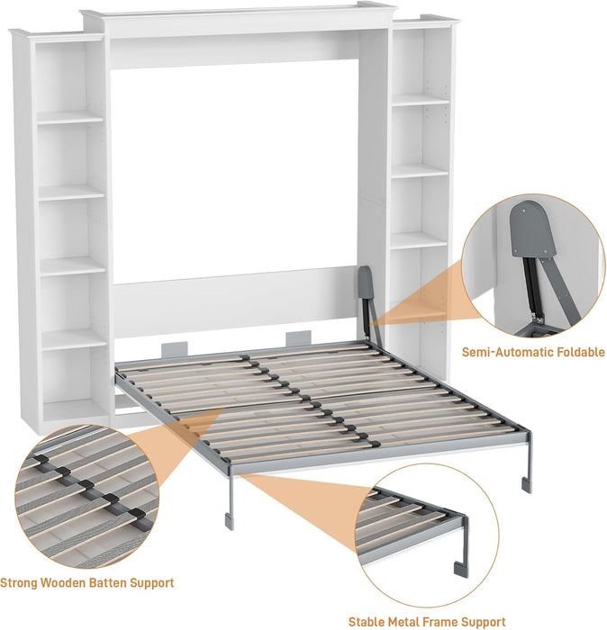 Murphy Bed Queen with Storage Bookcase & 4 Adjustable Shelves, Queen Murphy Bed Cabinet Bed, Foldable Space Saving Furniture Beds, Wood Wall Bed for Guest Room, Bedroom, White