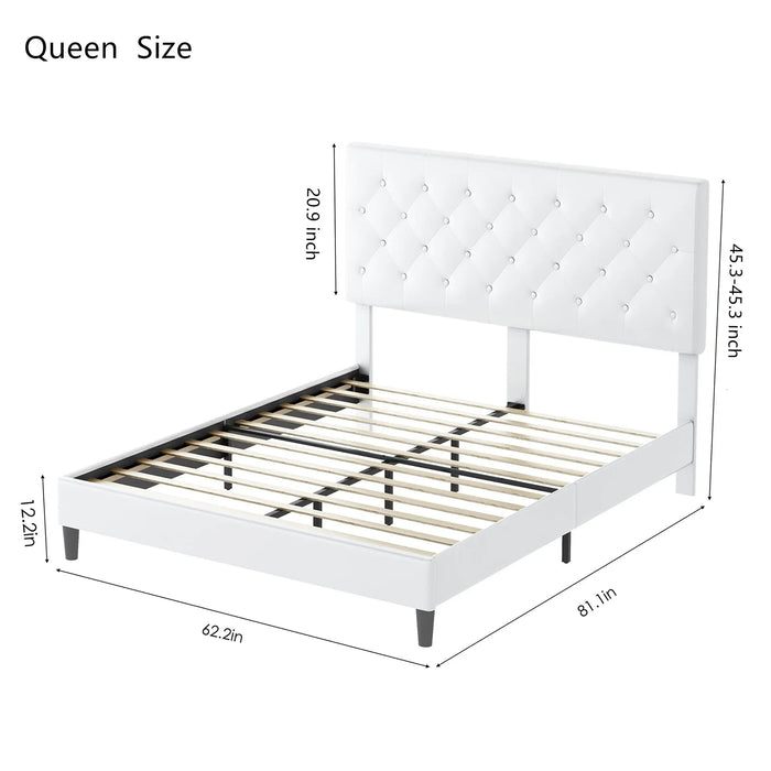 Queen Size Bed, Faux Leather Upholstered Button Tufted Low Profile Platform Bed Frame with Adjustable Headboard for Bedroom, White