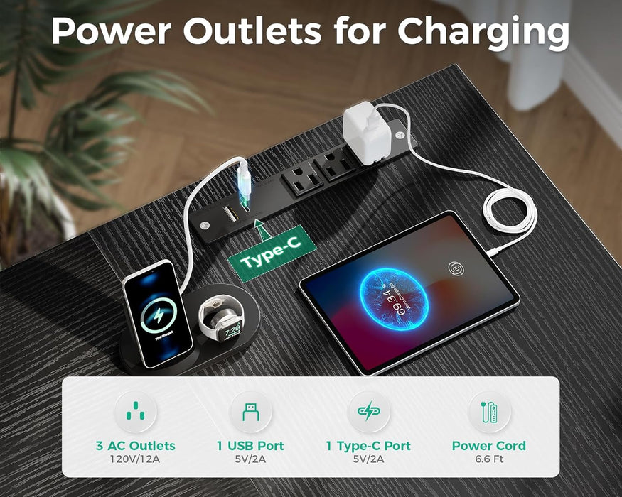 L Shaped Computer Desk with 6 Drawers & Power Outlet, 55 Inch Corner Desk with Reversible Storage Shelf & File Drawer, Home Office Desk, Black