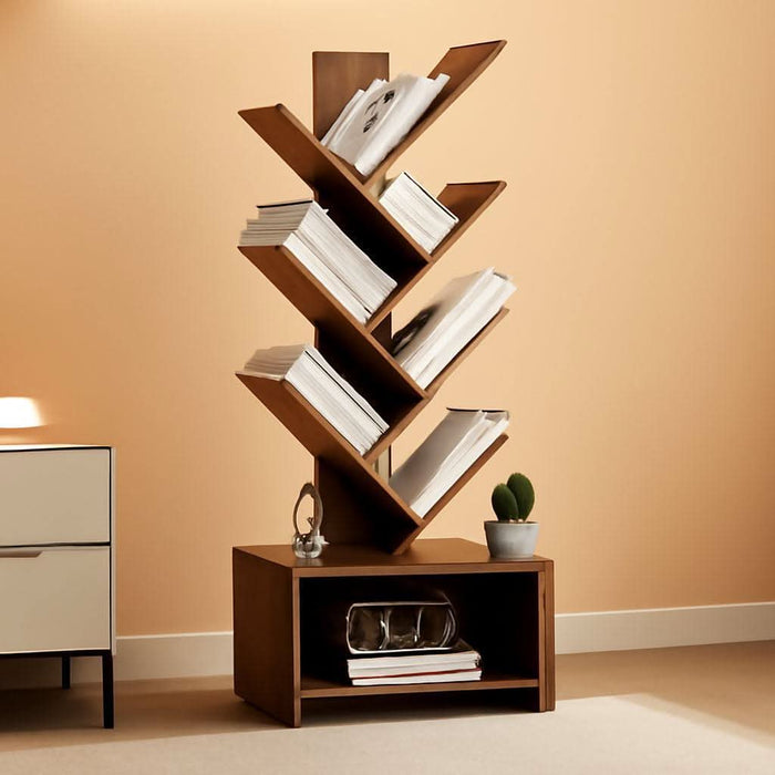 6 Tier Tree Bookshelf with Lights, LED Book Tree Bookcase with Storage Organizer, Small Corner Bookshelf Floor Standing Book Shelf for Living Room, Bedroom & Home Office, Rustic Brown