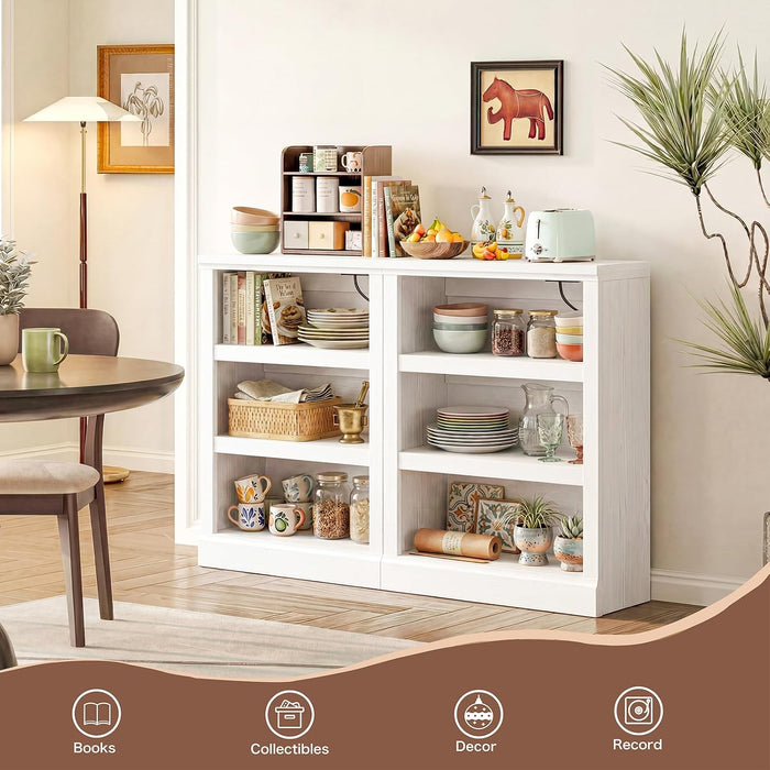 3-Tier Bookshelf with 3 Outlets, 2 USB Ports and Adjustable Shelf | Wood Storage Bookcase, Sturdy 3-Shelf Decorative Display Rack, Versatile for Home Office, Living Room and Bedroom, White