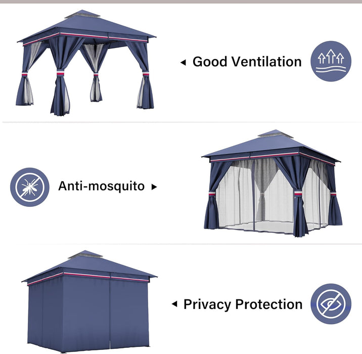 Patio Gazebo 10'X10', Outdoor Heavy Duty Party Tent Shelter with Double Roofs, Mosquito Nettings and Privacy Screens for Backyard, Garden, Lawn, Classic Blue