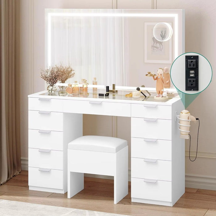 Vanity Desk Set with Large LED Lighted Mirror & Power Outlet Glass Top Vanity with 11 Drawers and Magnifying Glass 46'' Large