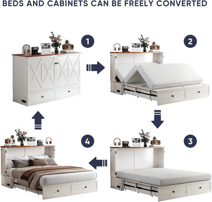 Queen Murphy Bed with Storage & Multifunctional Charging Station, Farmhouse Murphy Cabinet Bed with Foldable Panel, Space-Saving Beds for Guest Bedroom, Living Room-White & Brown,With Mattress