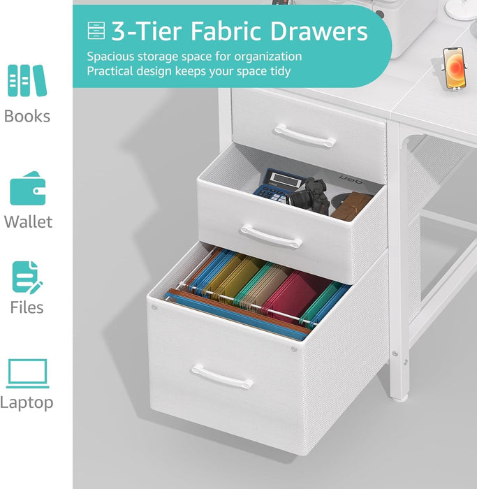 White Computer Desk with Fabric File Drawers Cabinet, 47 Inch Home Office Desks with Filing Cabinet for Small Space, Modern Writing Table PC Desks, White