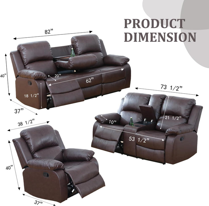 Manual Leather Recliner Sofa Set for Living Room Furniture Set,Leather Recliner Couch Set for Home/Office,Leather Reclining Sofa Set for 3-Pieces(Sofa+Loveseat+Chair) Brown