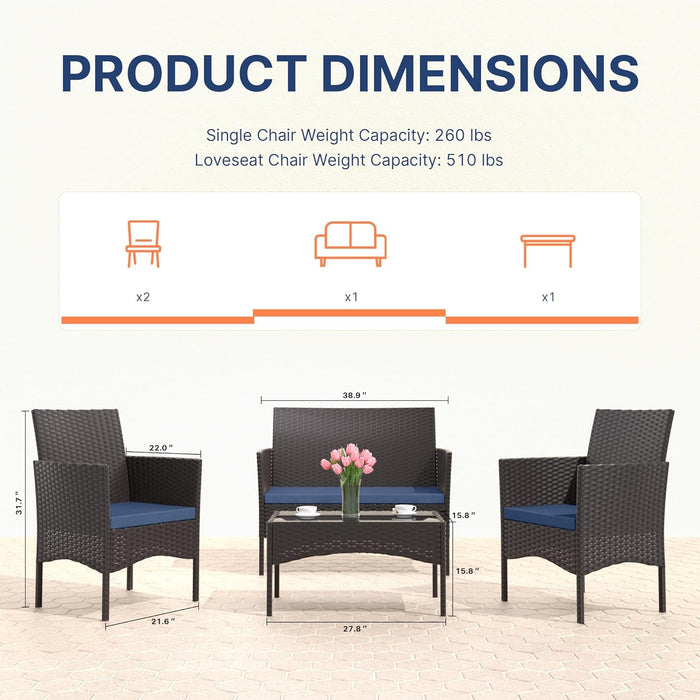 4-Piece Outdoor Patio Furniture Set, Wicker Rattan Chairs & Sofa with Cushions and Glass Coffee Table, Conversation Set for Backyard, Lawn, Porch, Pool, Garden (Navy-2)