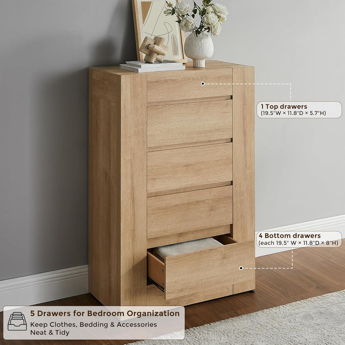 5 Drawer Dresser for Bedroom, 48" Tall Dresser Chest of Drawers with Thick Wood Design, Handleless, Modern Bedroom Dresser, Storage Organizer for Living Room/Entryway, Natural Oak