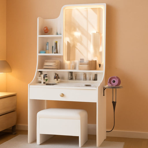 Small Vanity Desk with Lighted Mirror, Makeup Vanity Set with Lights, Drawers, Charging Station, Storage Bench, Open Shelf, Dressing Table for Small Room, Vanities for Girl & Kids, White