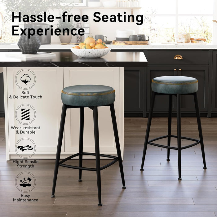 Counter Height Bar Stools Set of 2,26.3" H Backless Barstools, Mid Century Modern Bar Stools for Kitchen Island,Faux Leather,Metal Base, Grayish Blue