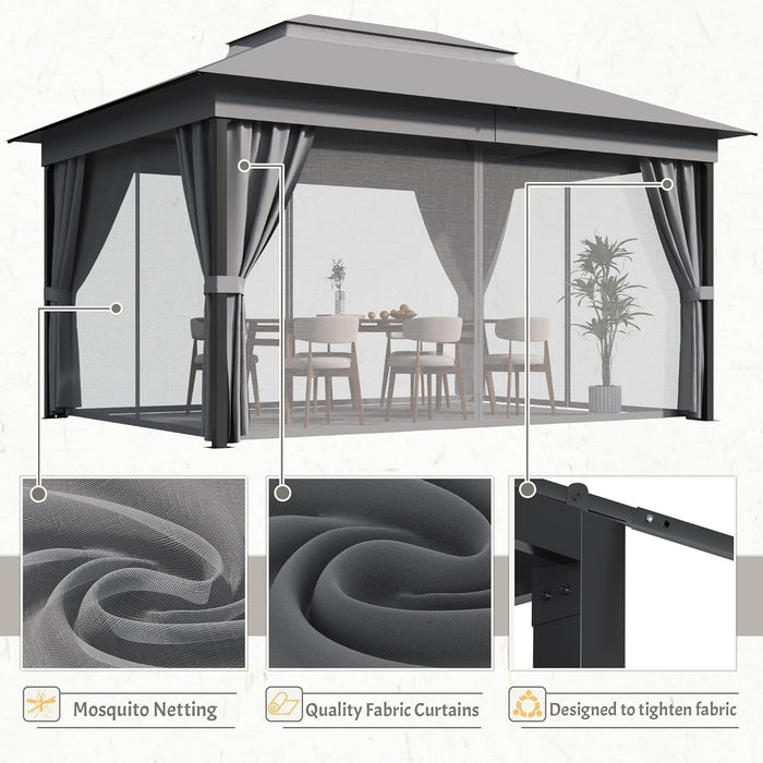Outdoor 10'X 13' Gazebo,Large Soft Top Deck Gazebo with Mosquito Netting, Heavy Duty Metal Frame Canopy with Expansion Bolts and Double Roofs，Party Tent & Shelte for Backyard, Garden (Grey)