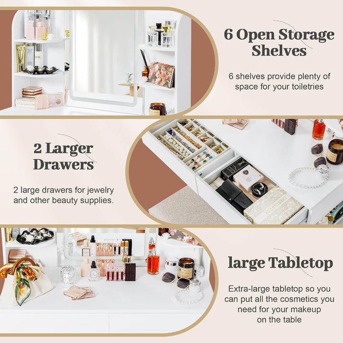 Makeup Vanity with Mirror and Lights, Vanity Desk with 3 Color Modes and Adjustable Light Brightness, Makeup Table with Storage Drawer, Open Shelves, and Side Storage (White, No Bench)