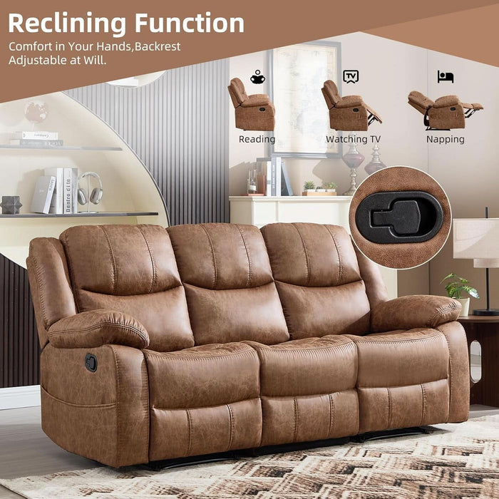 2 Pieces Manual Recliner Sofa Set, Faux Leather Reclining Couch Set for Living Room, Included Loveseat Recliner Couch and 3 Seat Reclining Sofa, Brown