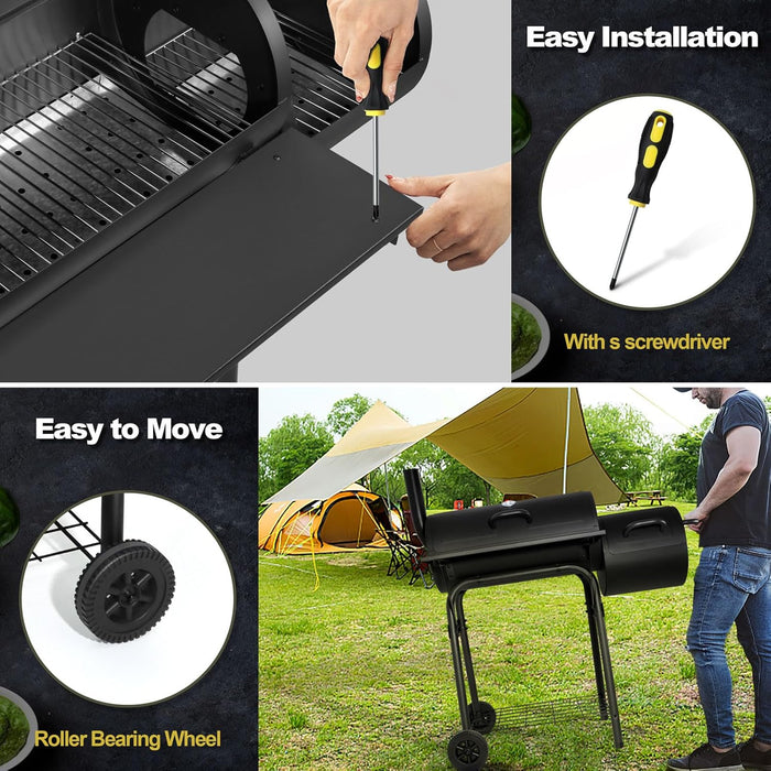 Barrel Charcoal Grill with Offset Smoker(420.Sq.In),  Large Outdoor BBQ Grills with Chimney Starter Set for Grilling, Smoking, Roasting, with Thermometer & Front Table, 6 S-Hooks & Clamp