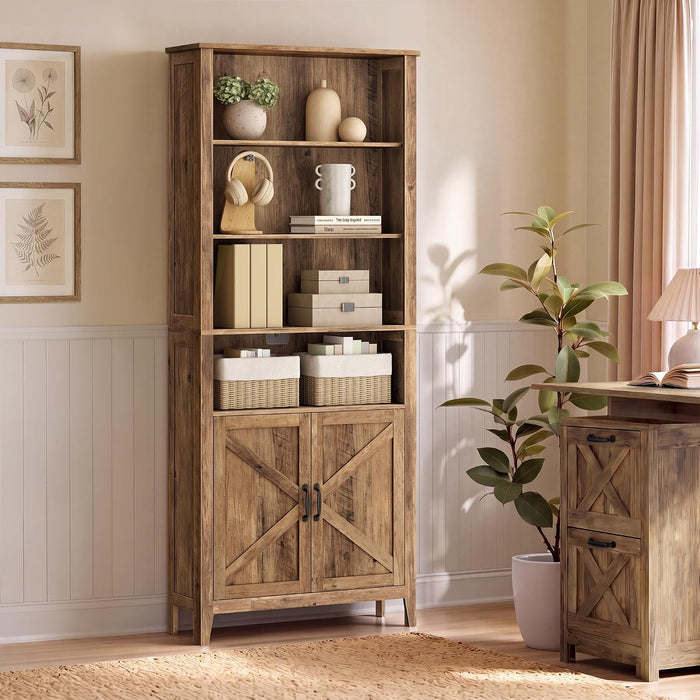 Farmhouse Bookshelf, 6-Tier Bookcase with Doors | Bookshelf for Living Room, Bedroom, Farmhouse Style, Warm Brown, LIRY Collection ULBC134K101S