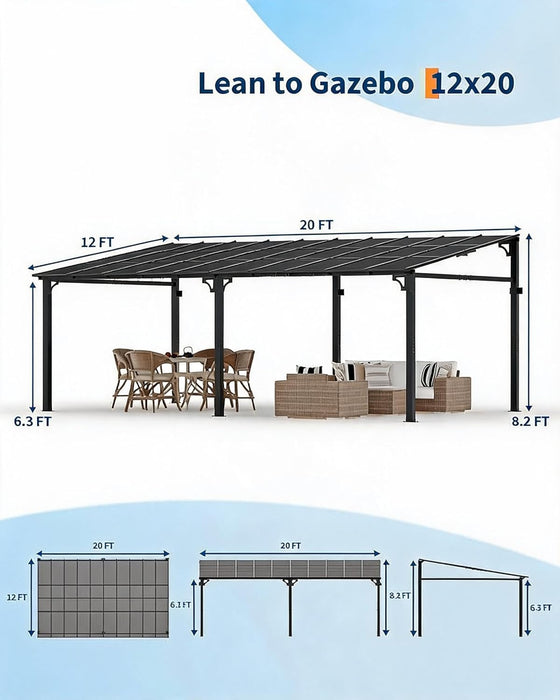 12'X20' Lean-To Wall-Mounted Hardtop Gazebo, 6Mm Uv-Resistant Polycarbonate Roof, Reinforced Aluminum Frame, All-Weather Pergola for Patio, Deck, Backyard, Lawn