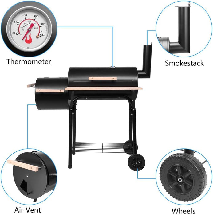 Charcoal Grill Offset Smoker, Charcoal Barbecue Grills with Spacious Cooking Area, Barrel BBQ Grill and Smokers Combo for Outdoor Balcony Picnics Party Camping