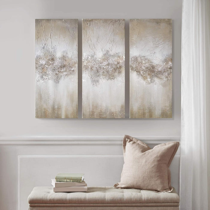 Wall Art Living Room Décor - Embellished Hand Painted Canvas, Home Accent Glitter Abstract Bathroom Decoration Ready to Hang Painting for Bedroom, 15"W X 35"H X 1.5"D, Taupe 3 Piece