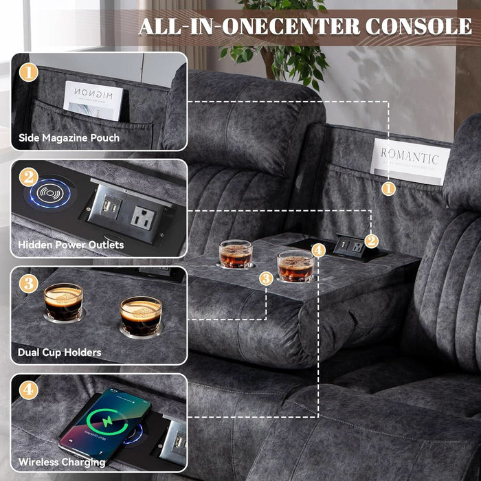 Zero Gravity Power Recliner Sofa Couch – Electric Reclining Sofa with Drop down Table & Wireless Charging, 3 Seater Dual Reclining Couch with Adjustable Headrests for Living Room (Velvet, Grey)