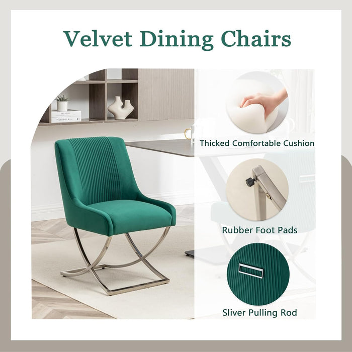 Kitchen Dining Chairs Set of 2,Accent Modern Upholstered Velevt,Contemporary Tufted Metal Chairs with X-Shaped Sliver Legs for Dining Room,Living Room, Reception Room(Dark Green)