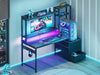 48 Inch Gaming Desk with Hutch & 3 Fabric Drawers, Computer Desk with USB Ports & LED Lights, Reversible Pc Gamer Table with Monitor Stand for Home Office, Carbon Fiber Black