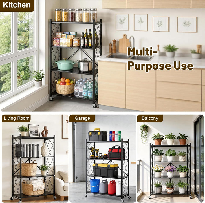 4 Tier Foldable Metal Storage Shelves on Wheels No Assembly | Heavy-Duty Shelf Unit for Kitchen, Garage, Pantry, Basement, Bookshelf, Black