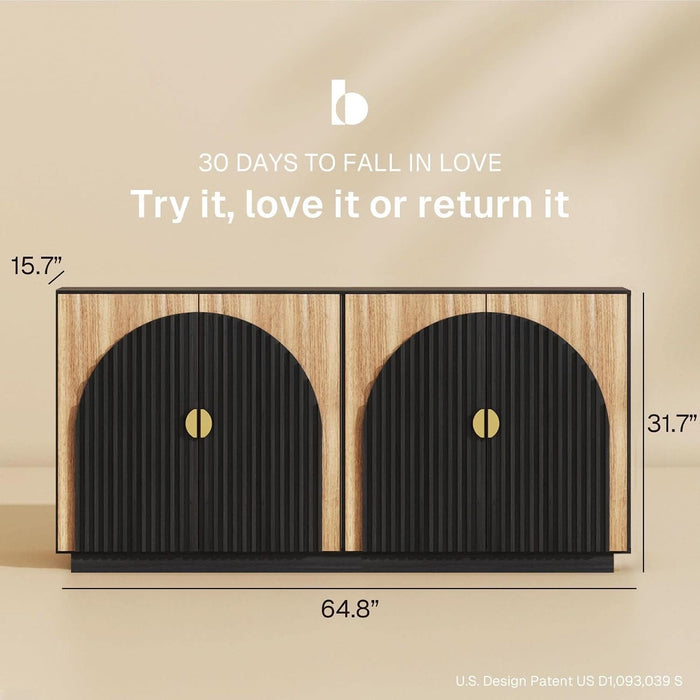 65 Inch Fluted Buffet Cabinet with Storage, Symmetrical Arc Accent Sideboard Large Console Table for Dining Room, Kitchen, and Living Room (Camel)