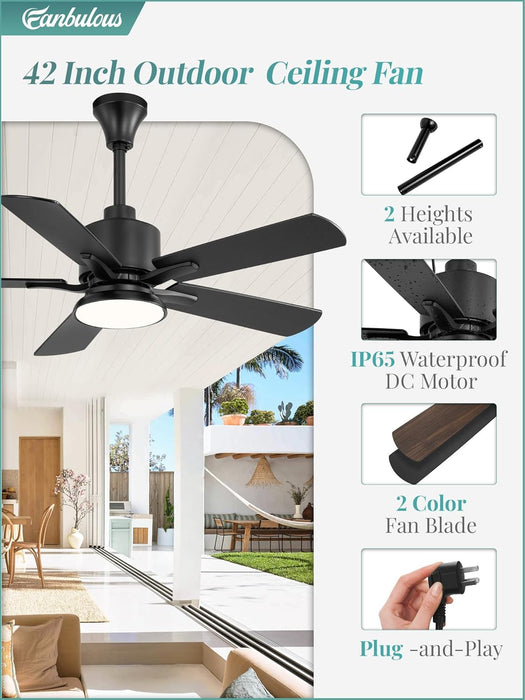 42" Outdoor Ceiling Fan with Light for Patios, IP65 Waterproof Gazebo Fan, Plug in Ceiling Fan with Remote, 3CCT 6-Speed Black Ceiling Fan with Hanging Hook for Porch, Pergola,Canopy