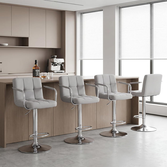 Bar Stools Set of 4, 24-26'' Adjustable Swivel Bar Chairs, Grey | PU Leather Counter Height Barstool with Back Support & Armrest for Kitchen Island, Dining Room