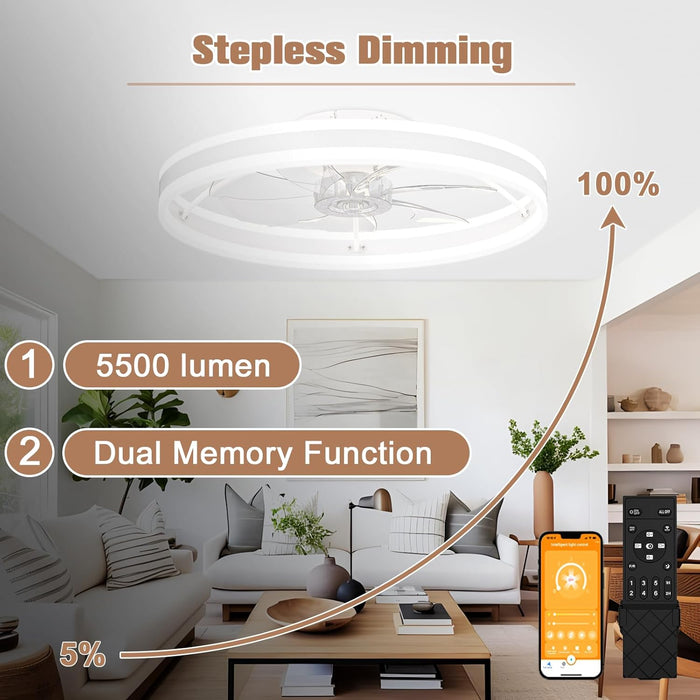 Low Profile Ceiling Fans with Lights and Remote, 23.6In Flush Mount Ceiling Fans with Light, 3000K-6500K Dimmable Fandelier LED Fan Light, White Bladeless Ceiling Fans with Lights for Bedroom