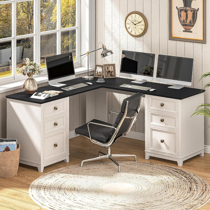 Farmhouse L Shaped Executive Desk with 6 Drawers, 69’’ Wood Home Office Desk with File Cabinet, Writing Corner Computer Desk for Home Office, Work, Study, White and Black