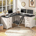 Farmhouse L Shaped Executive Desk with 6 Drawers, 69’’ Wood Home Office Desk with File Cabinet, Writing Corner Computer Desk for Home Office, Work, Study, White and Black