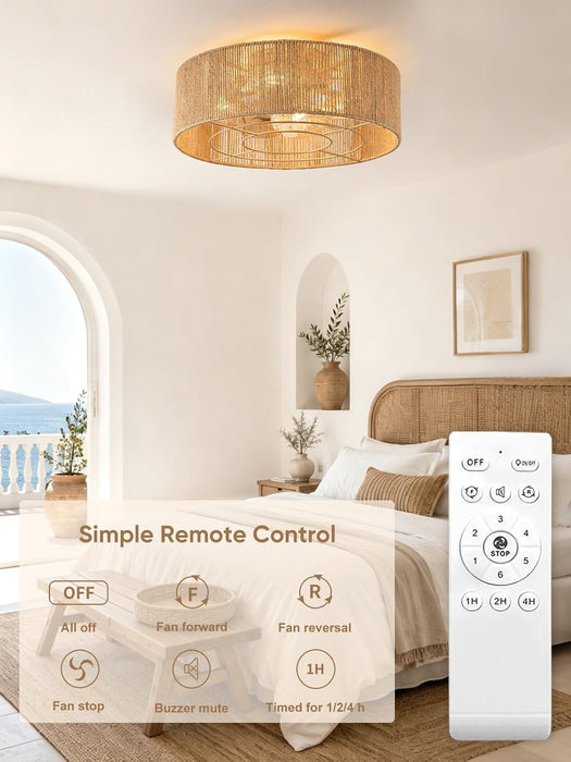 Boho Rattan Caged Fandelier Ceiling Fans with Lights and Remote Control