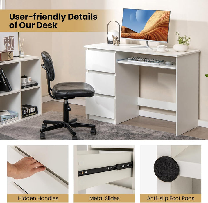 White Desk with 3 Storage Drawers & Built-In Charging Station, Home Office Desk with Keyboard Tray, PC Desk Study Writing Table, Vanity Table for Bedroom, Computer Workstation (White)
