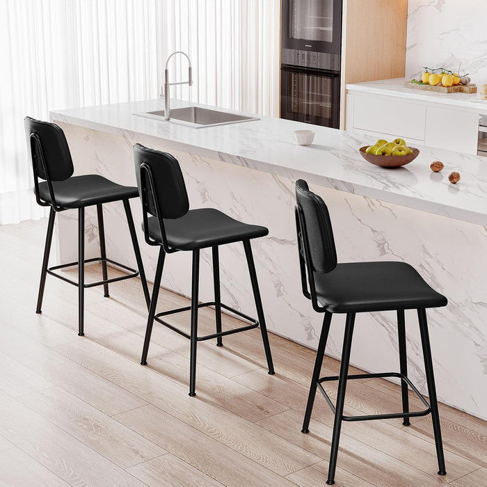 24-Inch Leather Bar Stools Set of 3 with High Backrest, Black | Faux Leather, Counter Height Barstools, Heavy Duty Metal Legs, with Footrest, for Kitchen Island