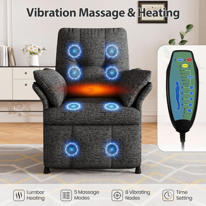 Power Recliner Chair for Adults with Heated & Massage, Adjustable Electric Reclining Chair Sofa with Armrest Pillow, Single Sofa with Side Pocket for Living Room, Linen, Dark Grey