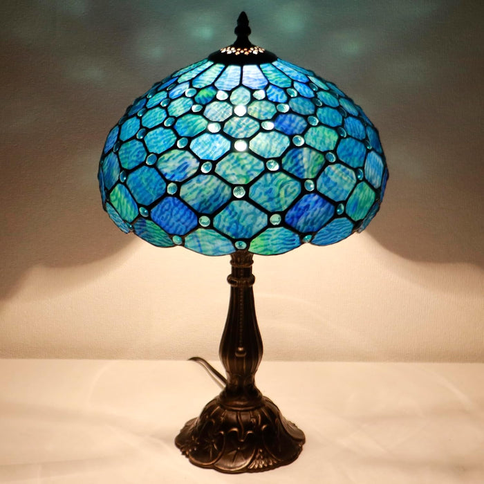 Tiffany Style Stained Glass Table Lamp Sea Blue Pearl 18.5 Inch
