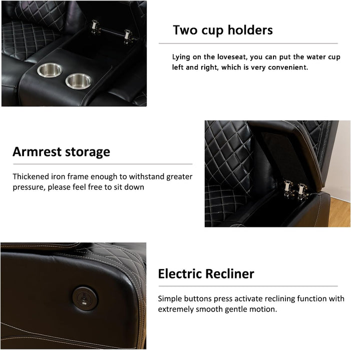 Power Leather Recliner Sofa Sets, 2 Pieces Living Room Furniture Sets with LED Lights, Grey Reclining Sofa Sets with USB Port for House/Office/Rv(C-Black, Sofa+Loveseat)
