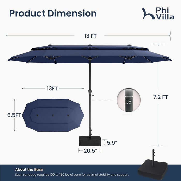 13Ft 2-Tier Outdoor Patio Umbrella with Base Included, Navy Blue | Large, Double-Sided, Rectangle, Rectangular, for Table Market, with Stand, Triple-Head, Windproof, for outside Poolside Lawn