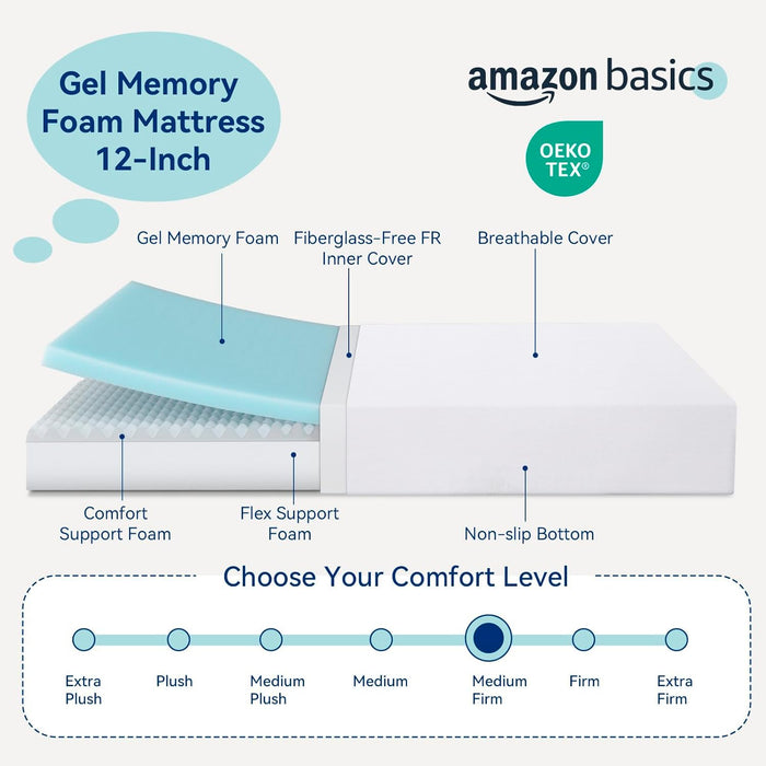 Memory Foam Mattress, Medium Firm, 12 Inch, Queen, White/Grey