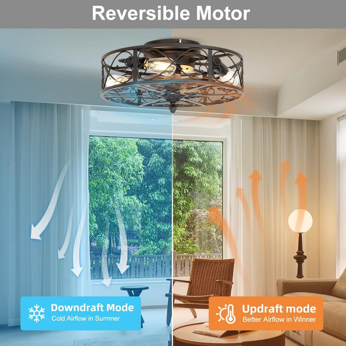 Caged Flush Mount Ceiling Fan with Lights, Farmhouse Rustic Bladeless Ceiling Fans with Lights and Remote, Low Profile Small Enclosed Ceiling Fan with Light for Bedroom, Kitchen, Black