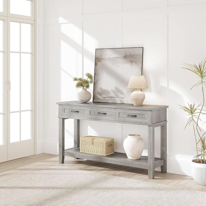 Grey Console Table with 3 Drawers & Open Storage Shelf – 2-Tier Entryway Sofa Table – Suits Living Room, Hallway, Foyer, or behind Couch – Color: Grey
