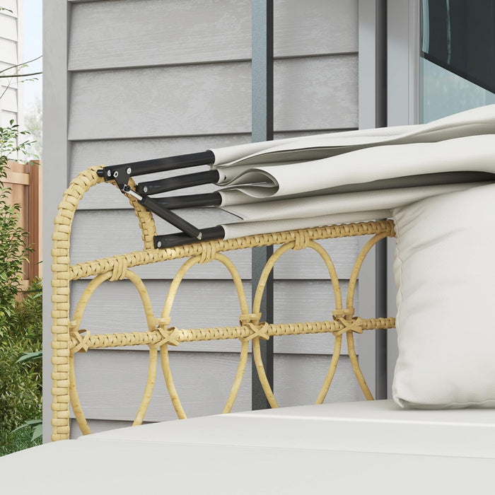 Patio Furniture Set, round Outdoor Daybed with Washable Couch Cushions, Hollow Wicker PE Rattan Sectional Sofa with Retractable Canopy for Pool, Lawn, Cream White