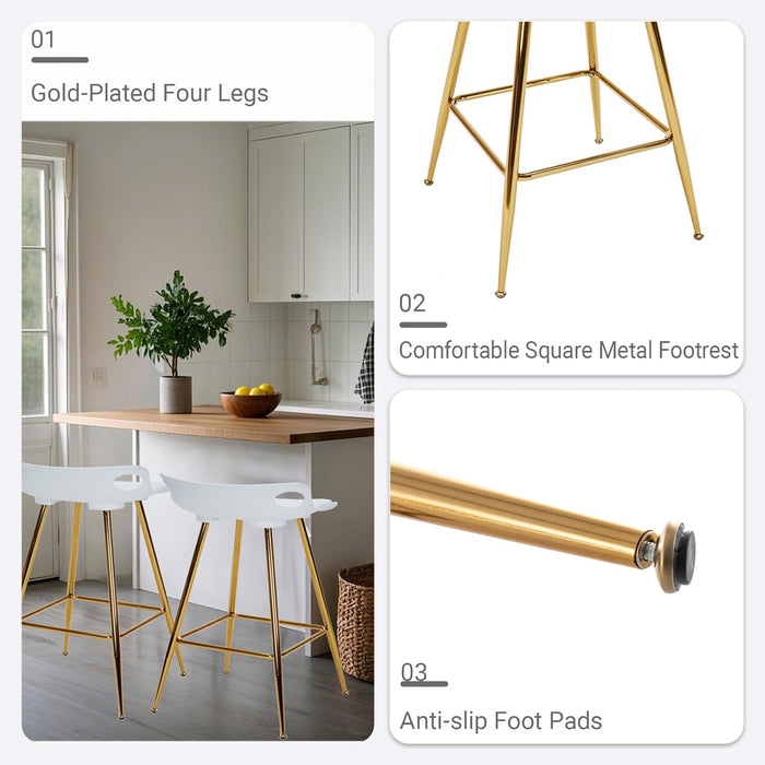 Bar Stools Set of 2, Gold Bar Stools, Counter Height Stools with Leather Padded Seats and Footrests, 26 Inch White Barstools for Kitchen Island, Farmhouse or Home Bar