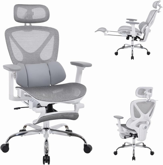 Big & Tall Ergonomic Mesh Office Chair 350Lbs, High Back Reclining Gaming Desk Chair with 3D Headrest, Adjustable Armrests, Lumbar Support & Retractable Footrest, Gray