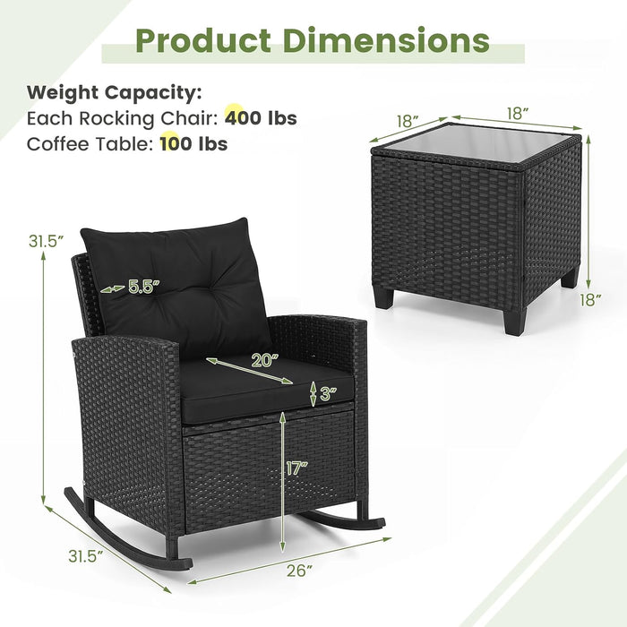 3 Pieces Patio Rocking Chair, Black Wicker Bistro Set (Black)
