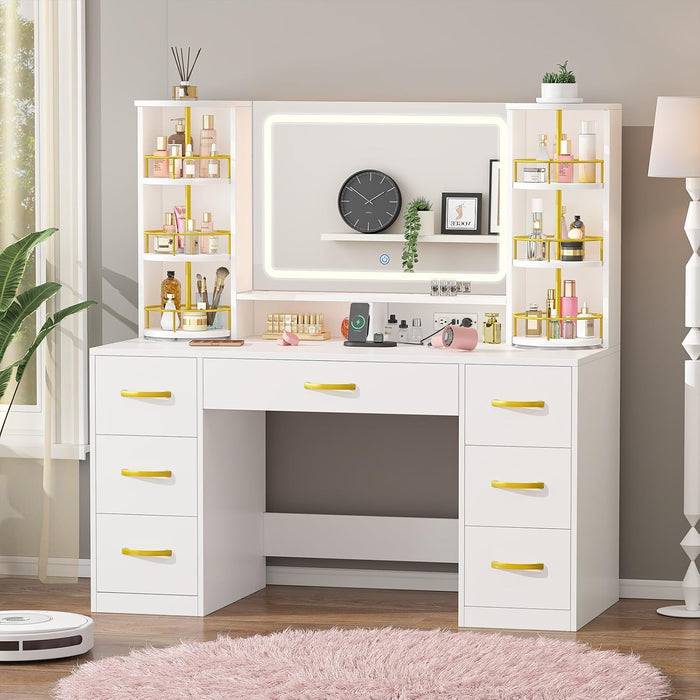 Vanity Desk with LED Mirror and 360 Rotating Makeup Organizer Shelves, White Makeup Vanity with Lights & Charging Station, Large Vanity Table with 6 Storage Drawers Bedroom Makeup Desk for Women Girls