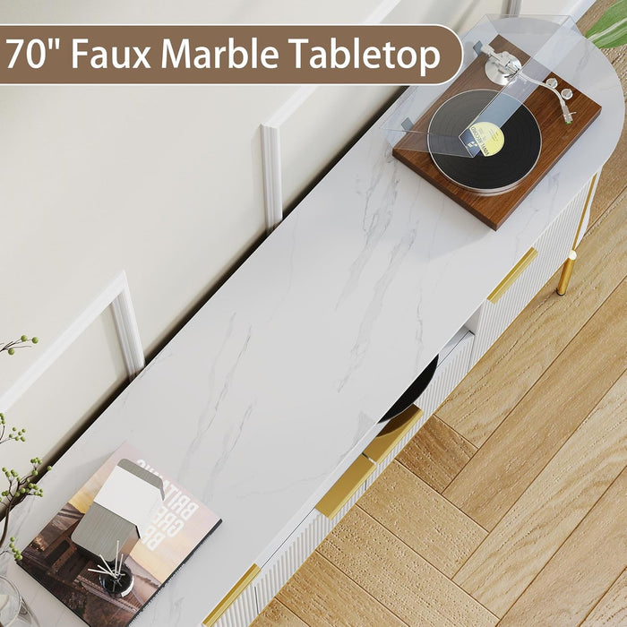 TV Consoles for Living Room: 70" Luxury Fluted White and Gold TV Stand Fits Tvs up to 80 Inch, Faux Marble Top Entertainment Center with Doors (White, 70 Inch TV Stand)